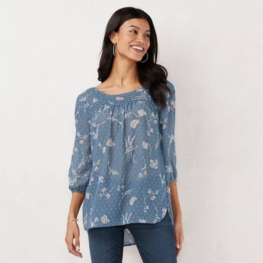 2/$30 LC Lauren Conrad Pintucked Printed Chiffon Peasant Tunic Top #A0213 TRB2